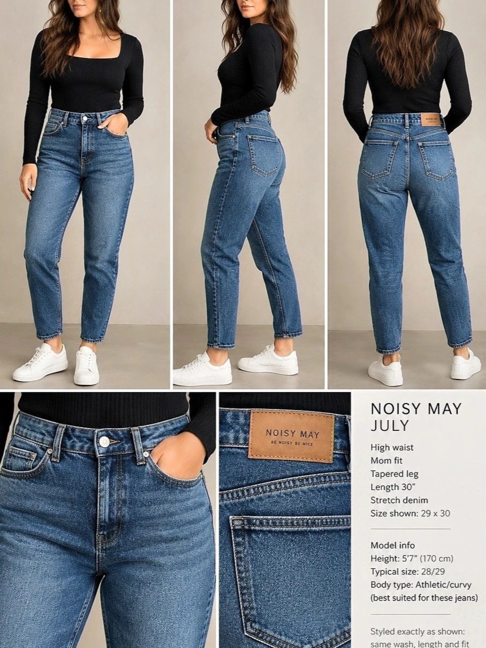 Noisy May | “July” High Waist Stretch | Mom Jeans | 29x30 | Medium Blue Tapered